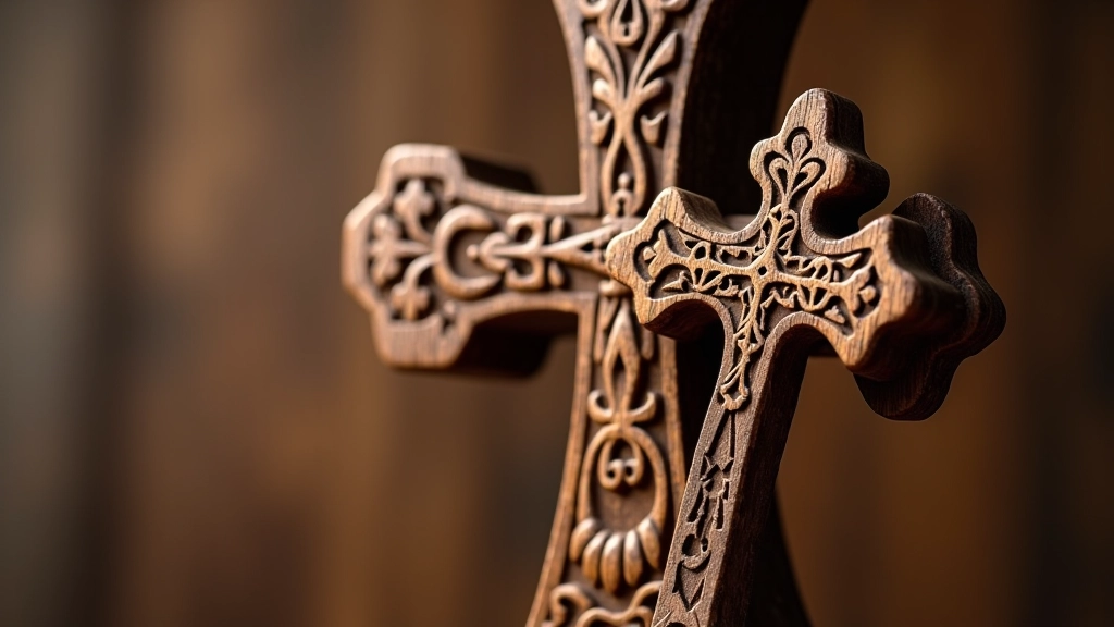 Detali nuotrauka raižytų kryžių su skirtingomis tradicinėmis Lietuvos simbolika ir ornamentika