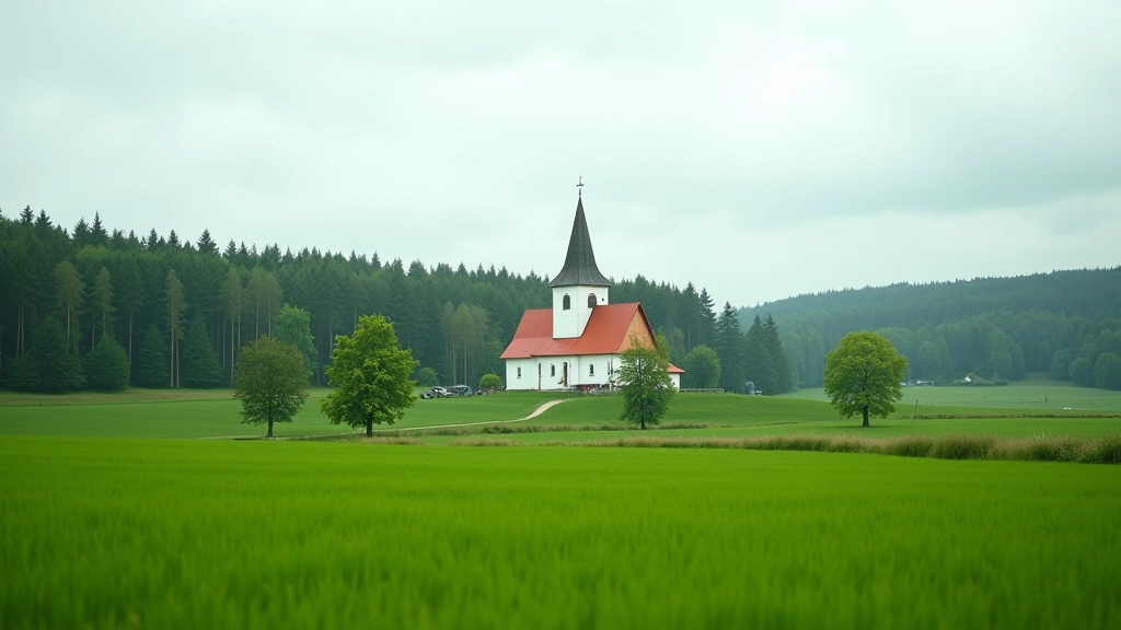 Jurgaičių apylinkės gamtovaizdis su bažnyčia horizonte, šventieji pastatai