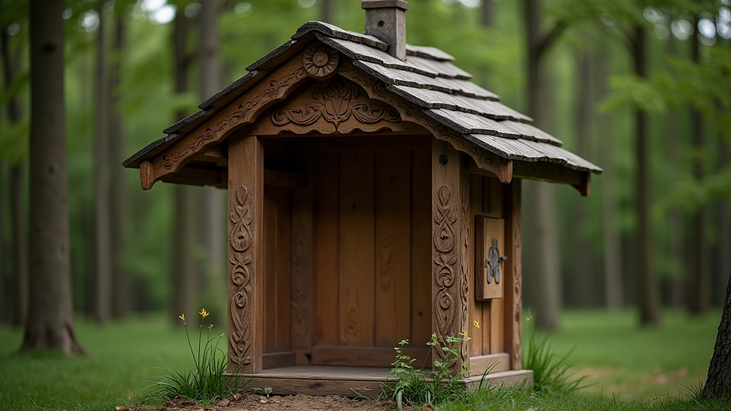 Medinė koplytstulpis Jurgaičiuose su ornamentais, tradicinė Lietuvos religinė architektūra